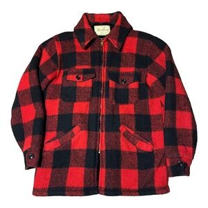 VTG 60s MELTON Wool Faux Fur Lined Red Black Buffalo Plaid Chore Jacket Men's‎ S